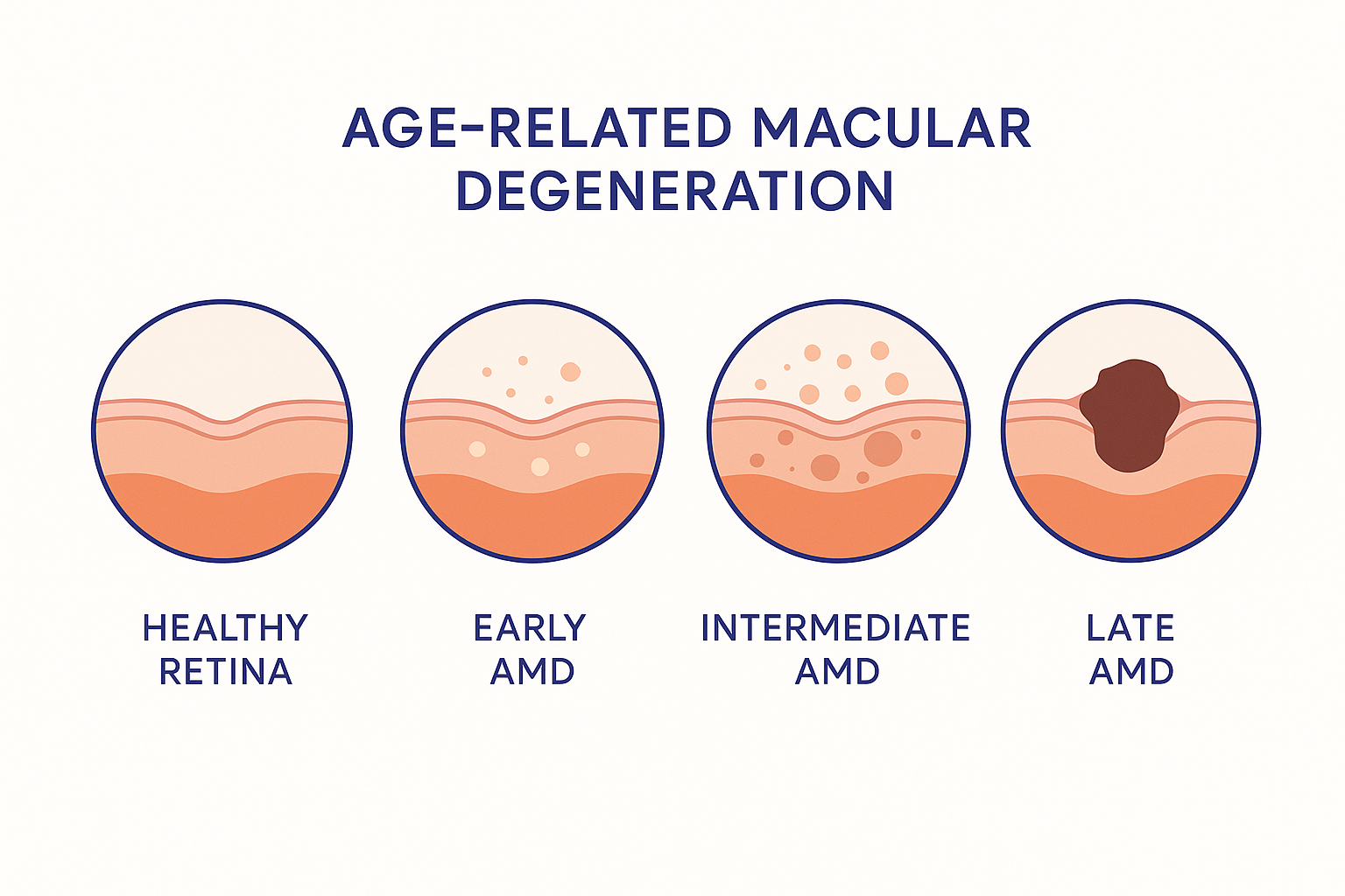 Diagram showing four stages of AMD progression: healthy retina, early AMD, intermediate AMD, late AMD