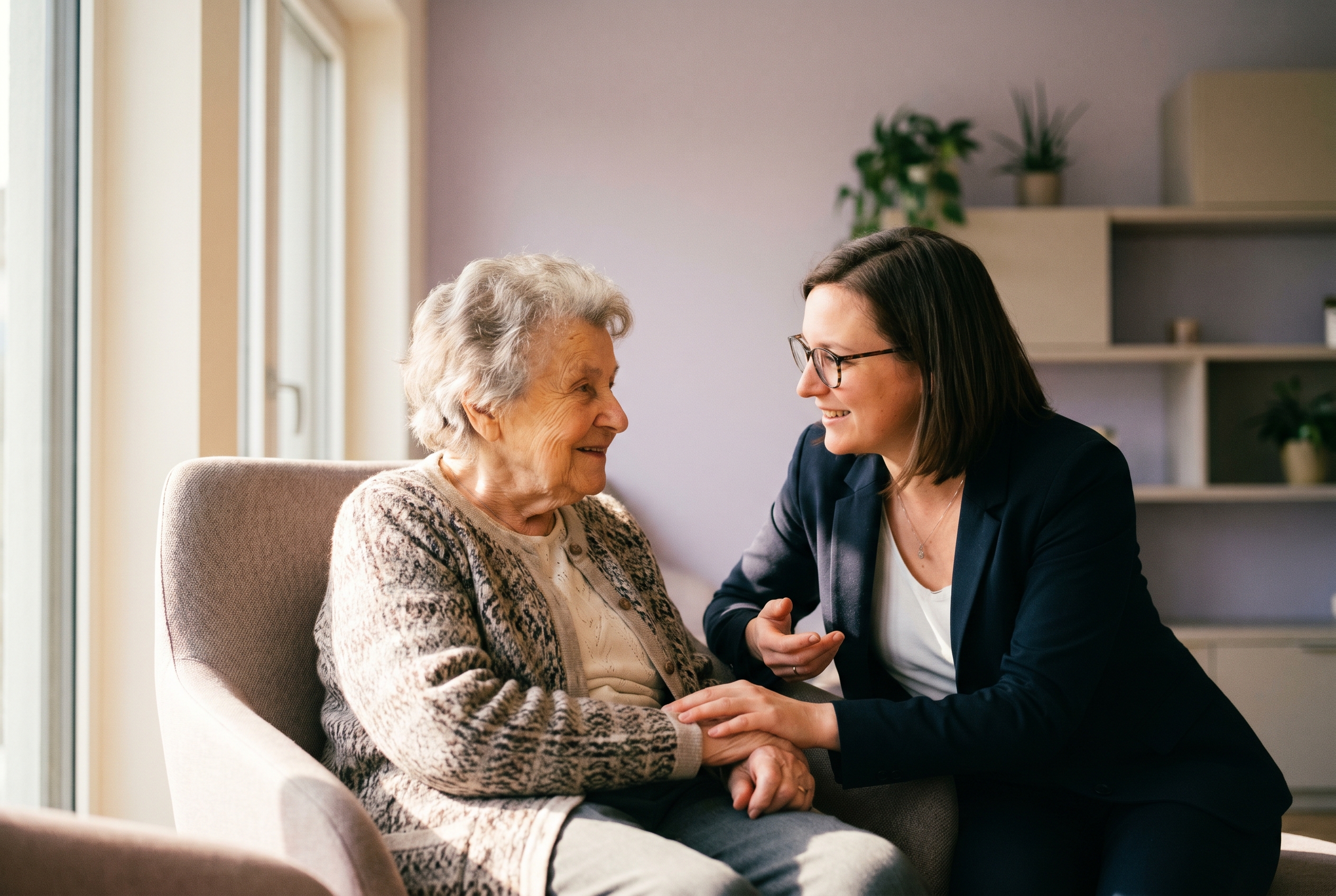 An optometrist sitting with an elderly patient at the start of a routine eye exam.