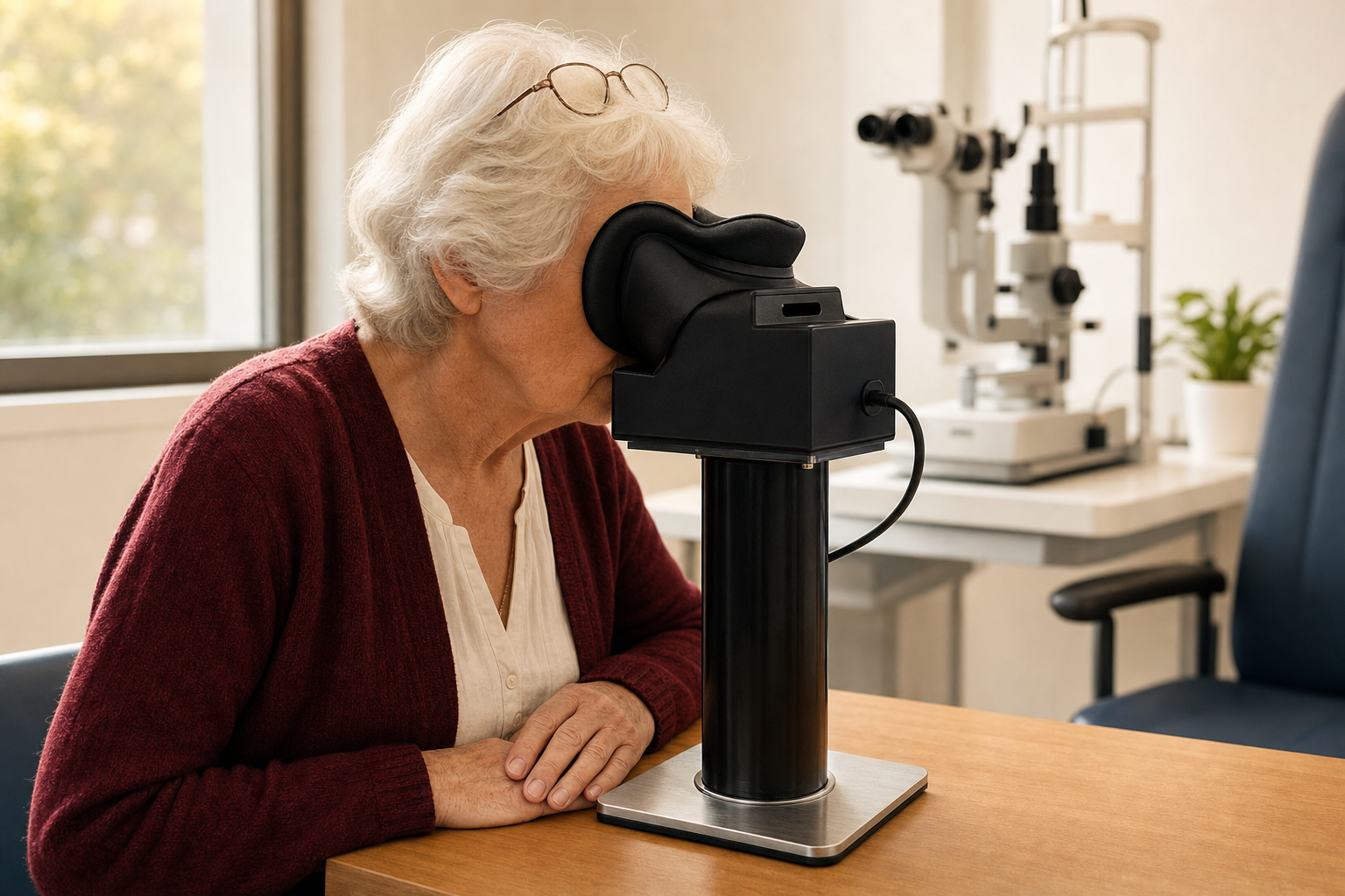 An elderly patient seated upright at a desk with her face pressed into the POLI eye-cups during a routine optometry exam.