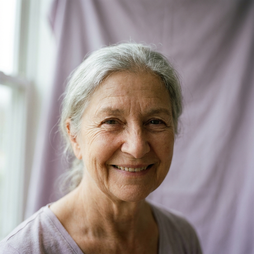 Photograph of an elderly woman as seen with healthy central vision
